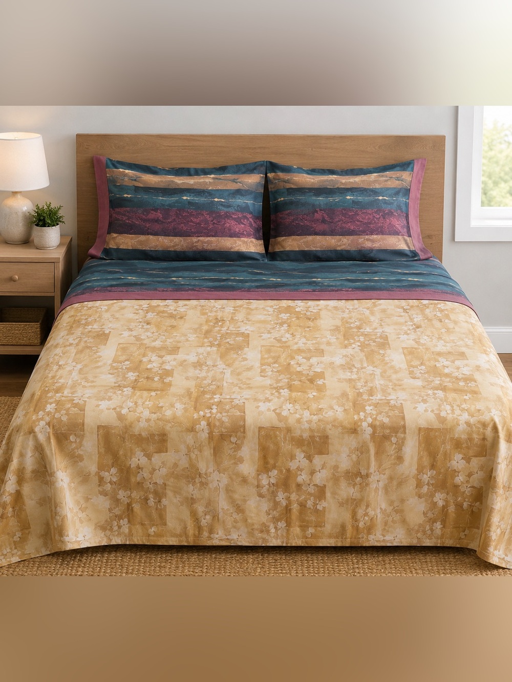 Vintage Dan River Floral & Striped Bedding Set in Gold, Teal & Plum FULL